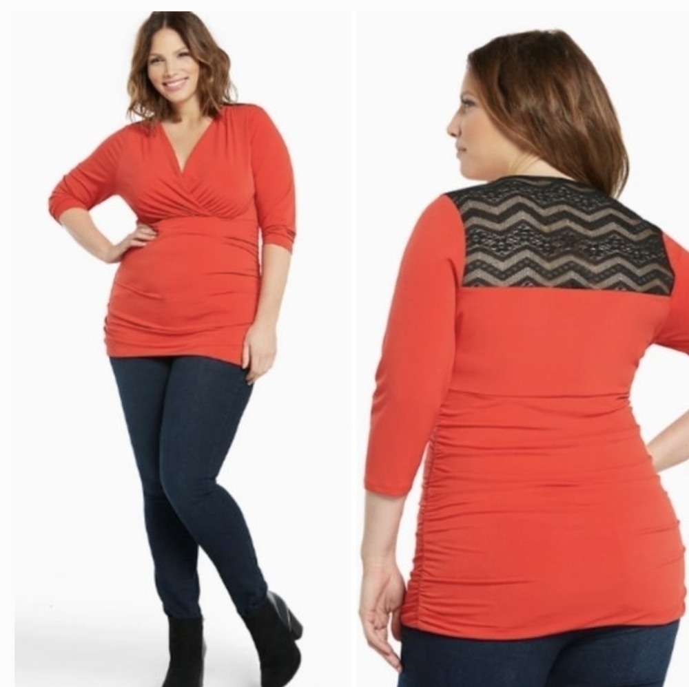 Torrid Shirred Lace Inset Surplice Red Top Size 3X